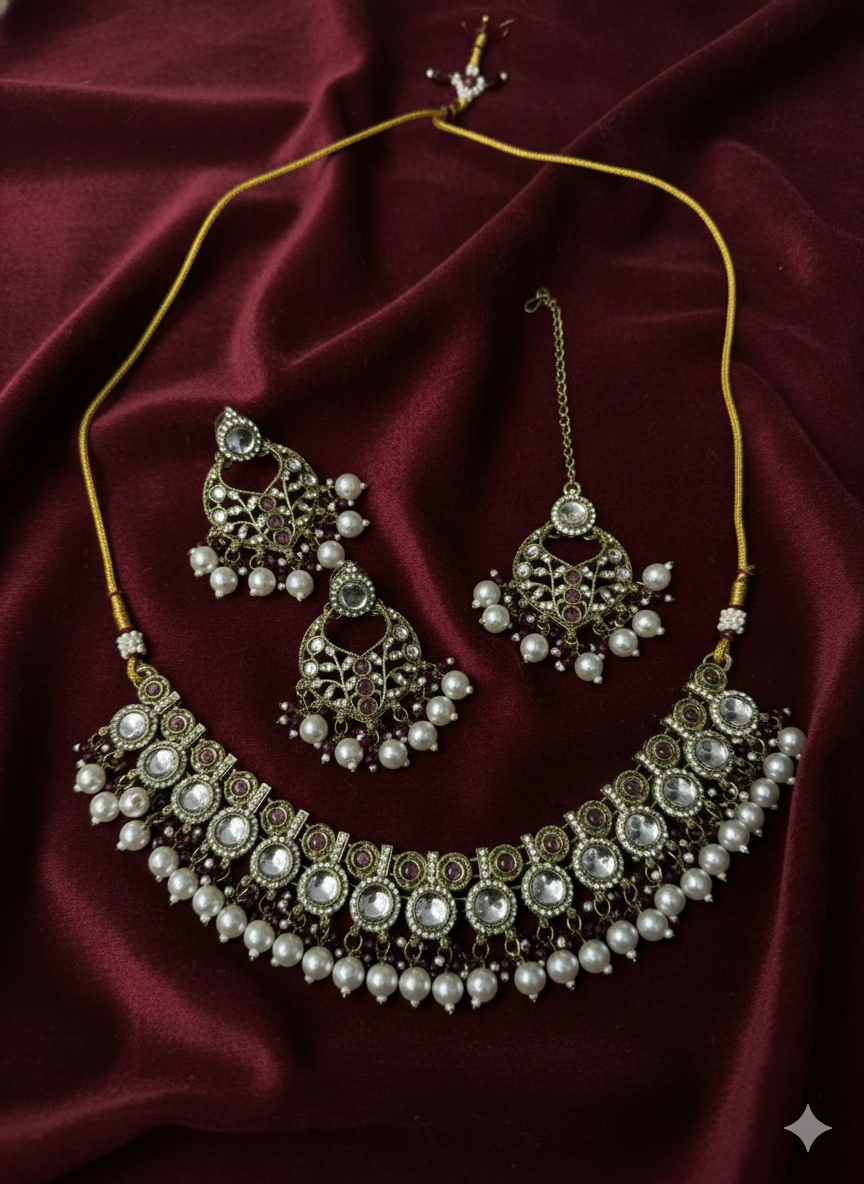 Traditional Indian Pearl Jewelry Set - Choker, Jhumka Earrings, and Maang Tikka